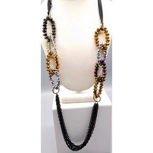 Vintage Statement Necklace, Black Ribbon with Crystal Beaded Links in Tri Color